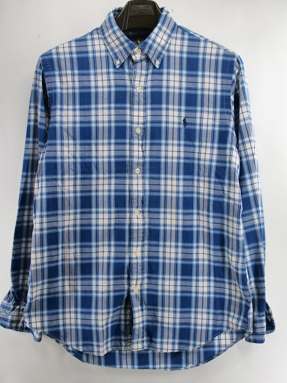 Ralph Lauren Men's M Blue White Plaid Button Up Shirt Indigo Oxford Long Sleeve